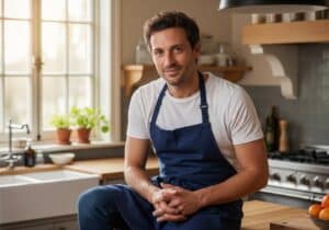 Portrait du Chef Augustin, 34 ans, souriant dans sa cuisine lumineuse et accueillante