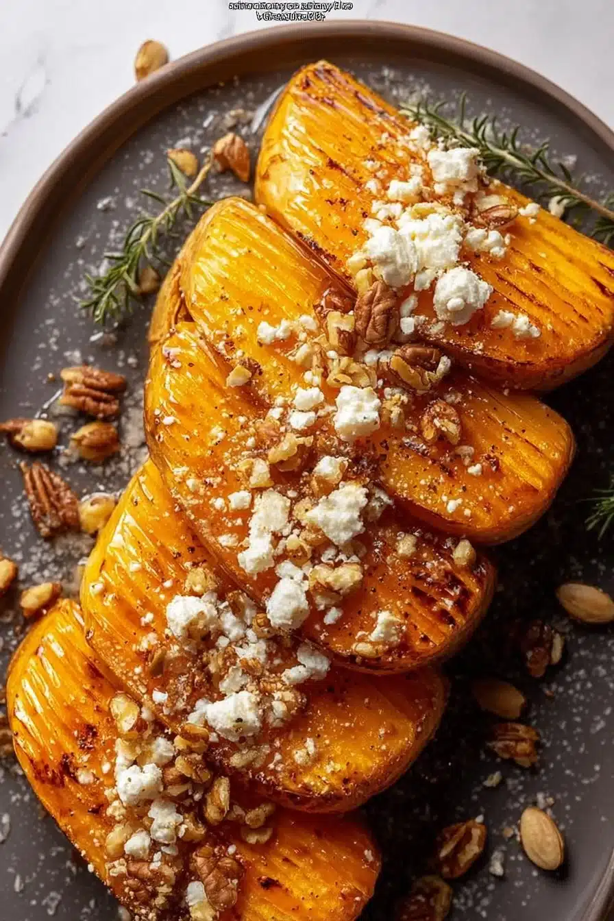 Butternut rôti avec feta, miel et noix, plat savoureux et coloré