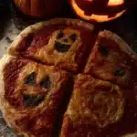 Pizza spooky décorée pour Halloween avec yeux en olives et fromage fondu