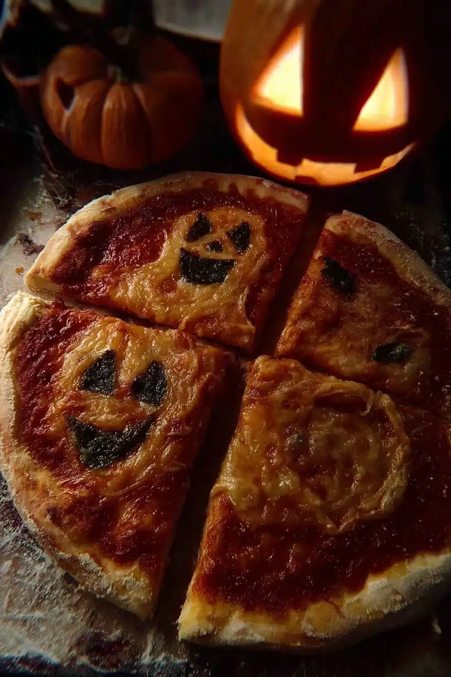 Pizza spooky décorée pour Halloween avec yeux en olives et fromage fondu