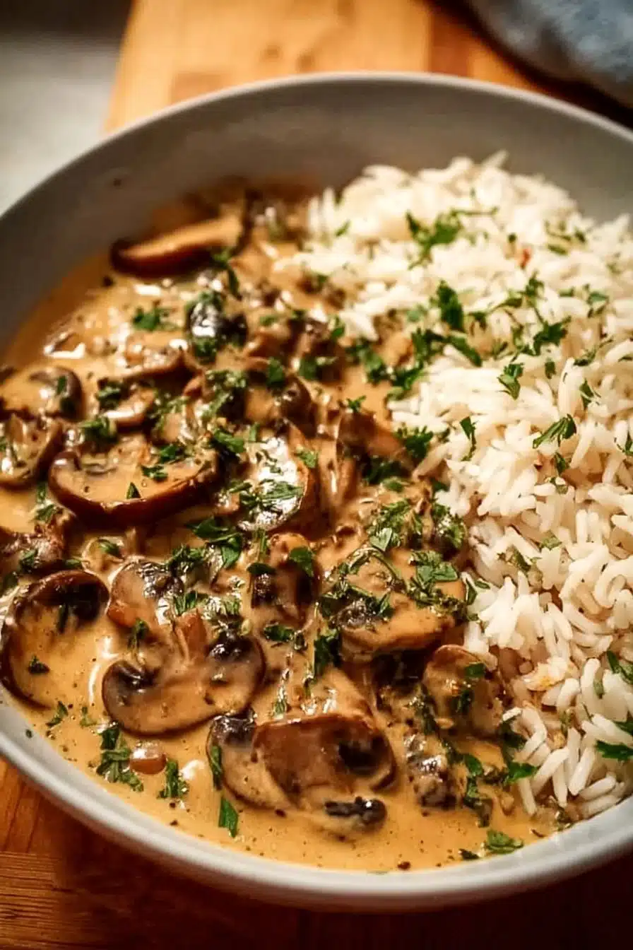 Stroganoff de Champignons avec riz complet, plat végétarien et savoureux.