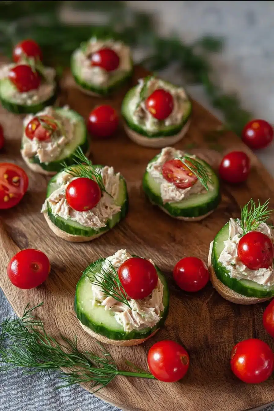 Toasts de concombre au thon et tomate cerise sur un plat élégant.