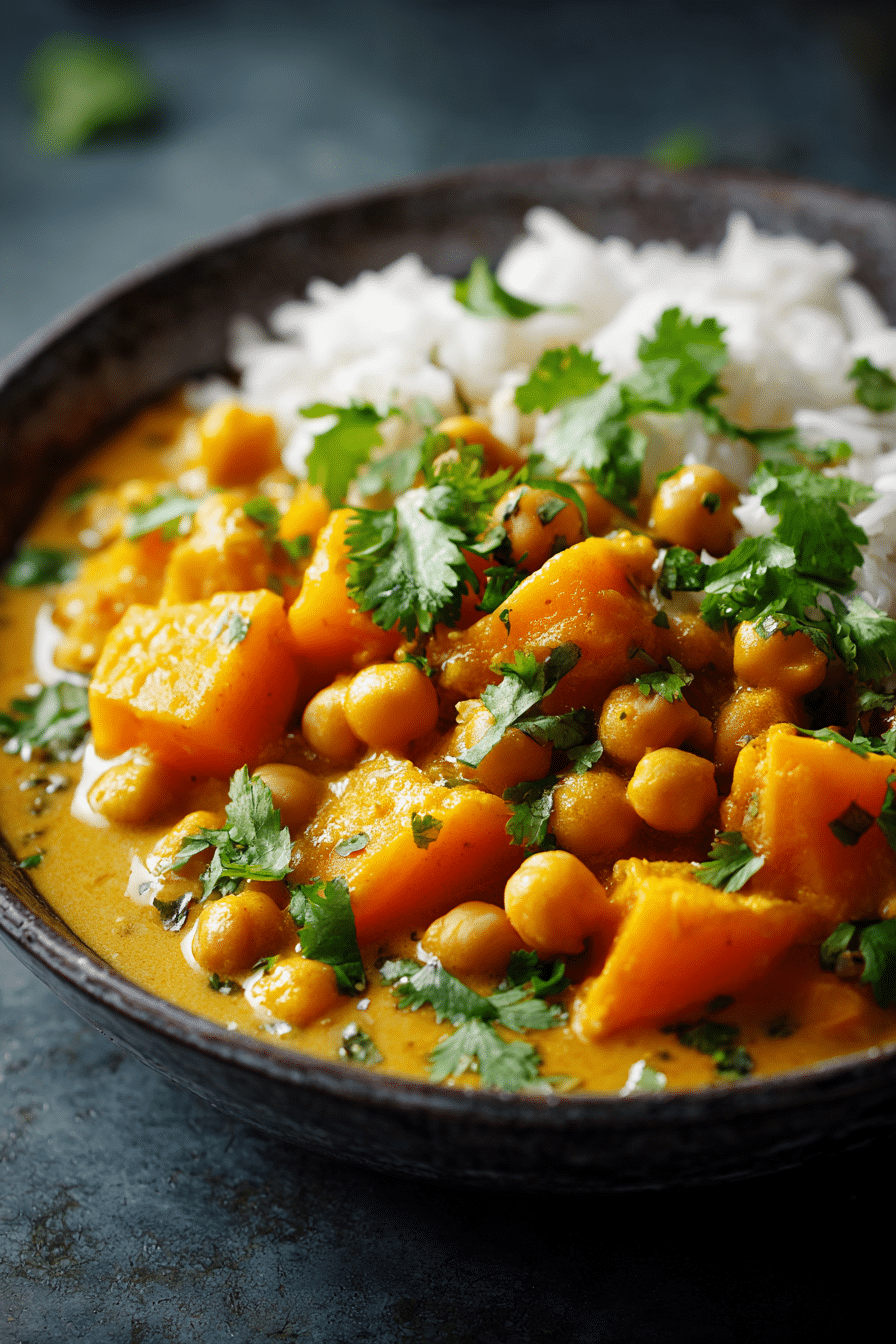 Curry de potimarron et pois chiches végétarien au lait de coco, parfumé et crémeux
