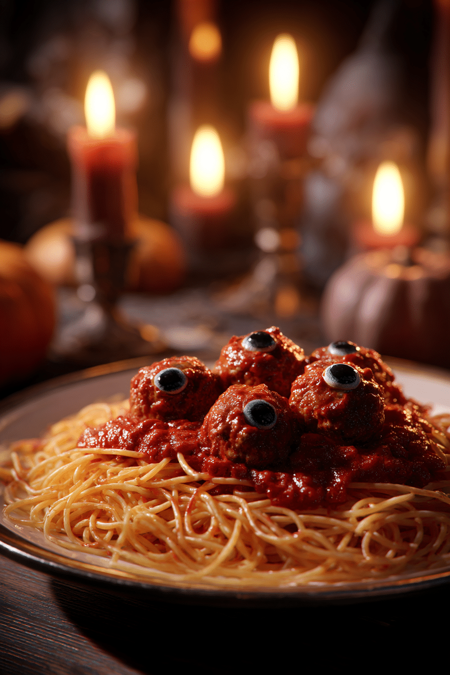 Spaghetti ensanglantés Halloween avec boulettes en forme de globes oculaires et sauce tomate rouge