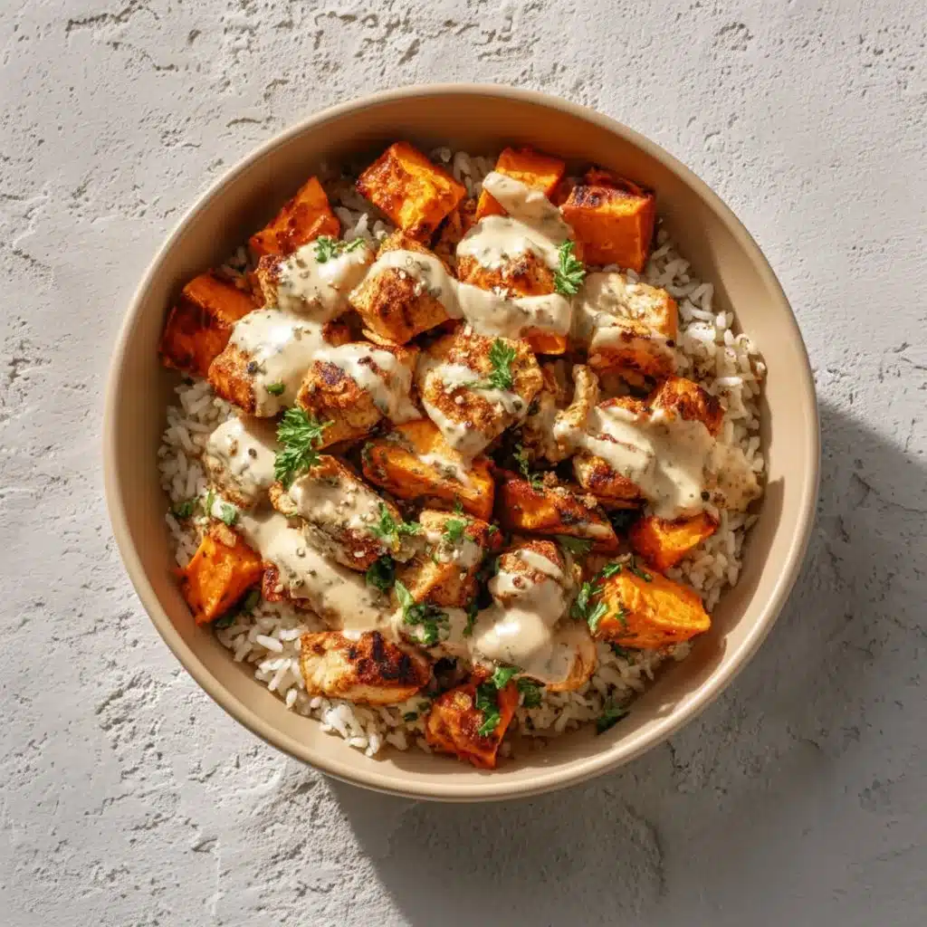 Bol de riz au poulet et patates douces, plat sain et équilibré.