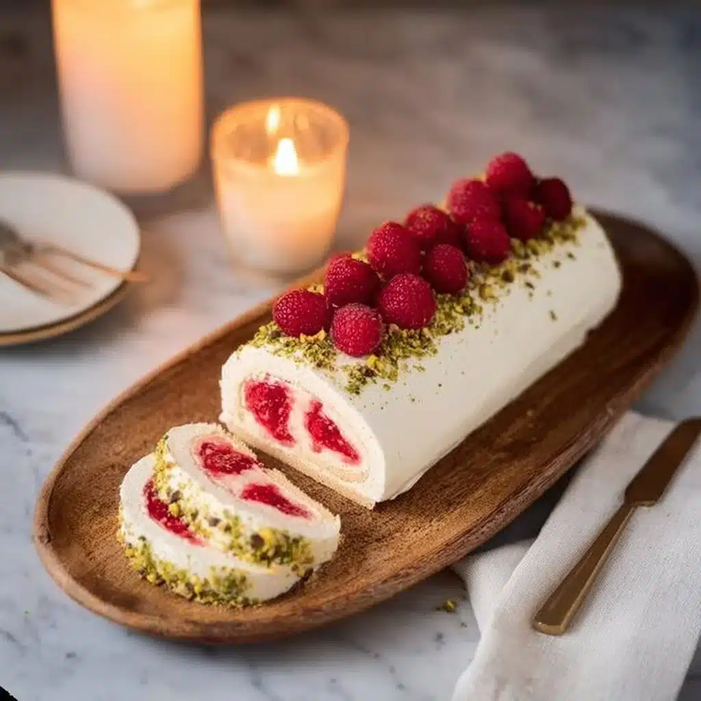 Bûche à la vanille, framboise et pistache, un dessert de Noël délicat.