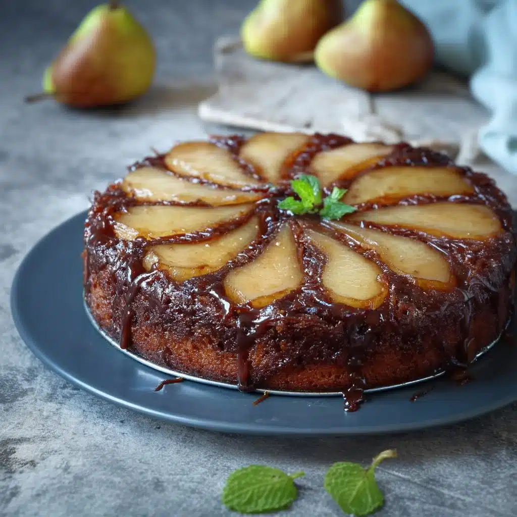 Gâteau renversé aux poires avec un chocolat noir fondant sur le dessus