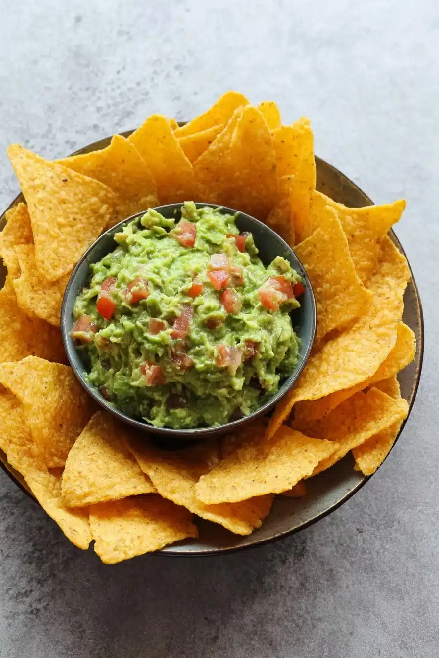 Bol de guacamole maison crémeux et frais, prêt à servir avec des nachos.