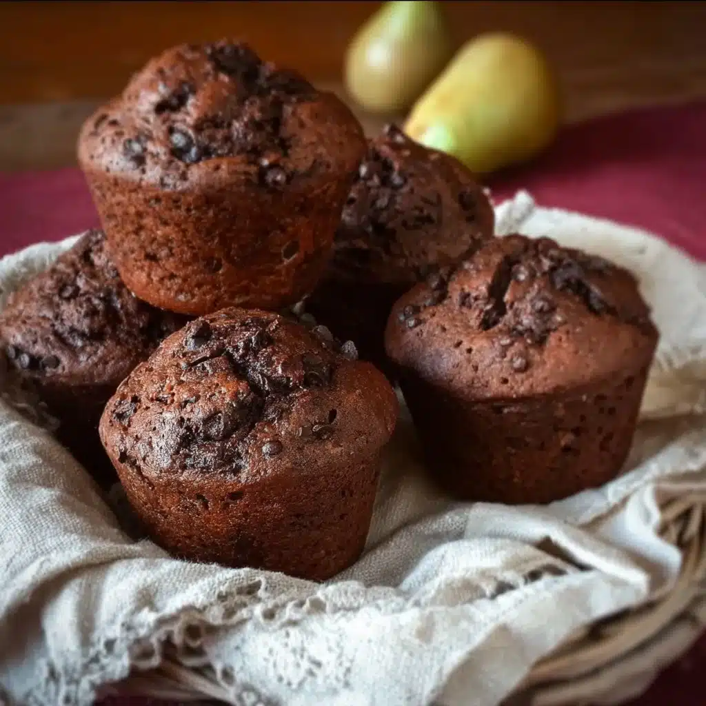 Muffins chocolat et poires sortant du four, moelleux et appétissants.
