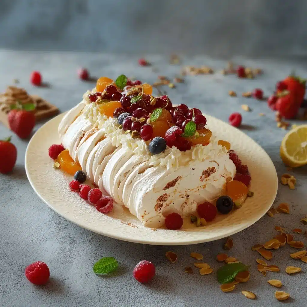 Pavlova gourmande et fruitée, un dessert léger et savoureux avec des fruits frais