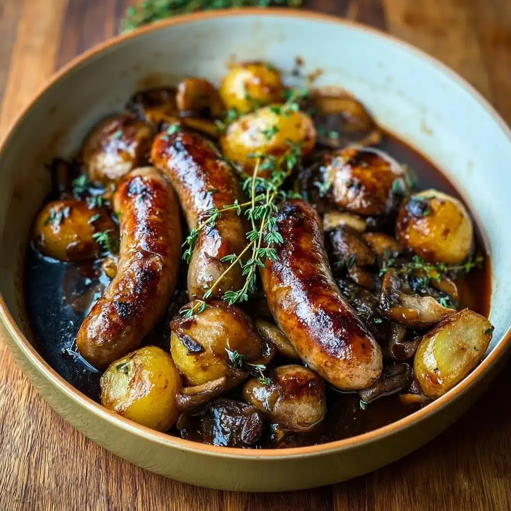 Plat de saucisses champignons et pommes de terre dorées au four