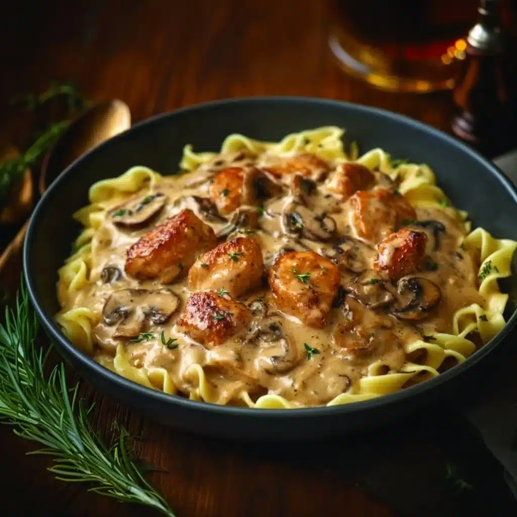 Stroganoff de poulet aux champignons servi avec des pâtes cuisiné dans une sauce crémeuse