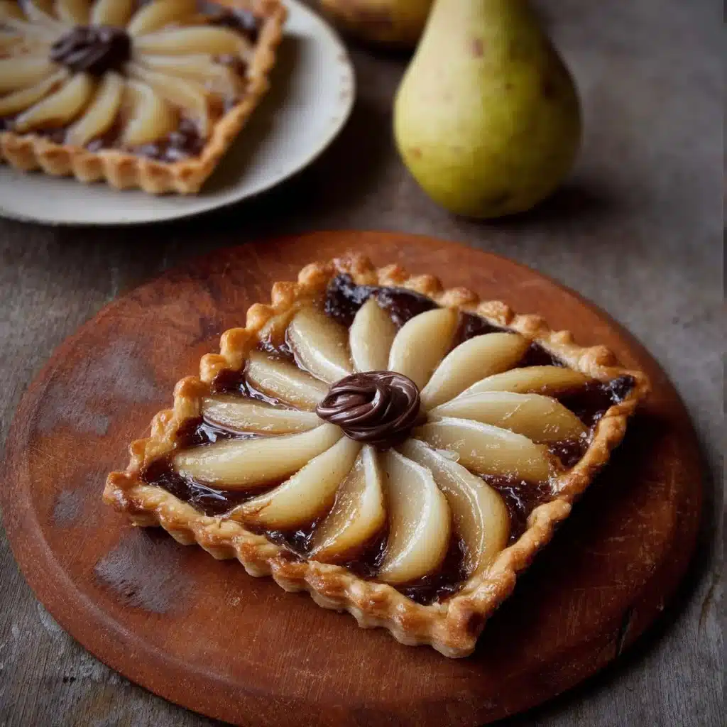 Tarte fine Poire Chocolat élégamment présentée avec des poires et du chocolat.