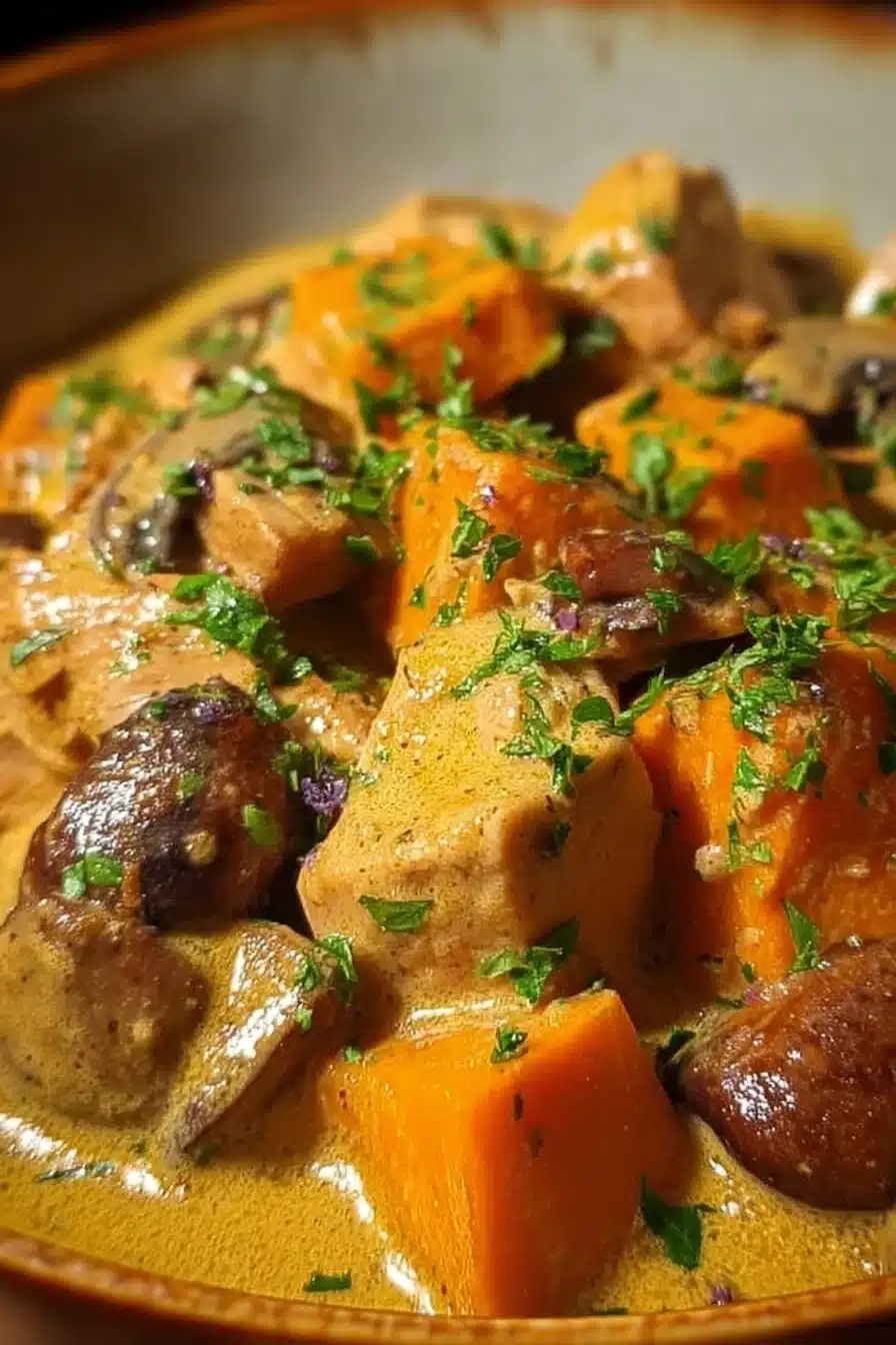Recette de Blanquette de Dinde aux Marrons et Potiron préparée dans une cocotte