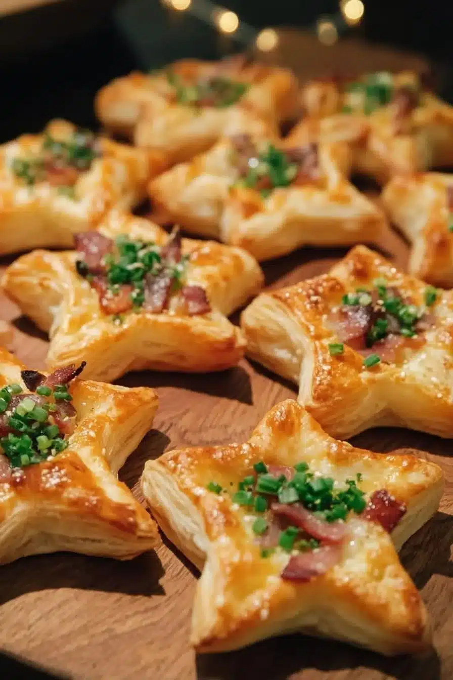 Flammekueches en forme d'étoiles avec lardons et crème fraîche.