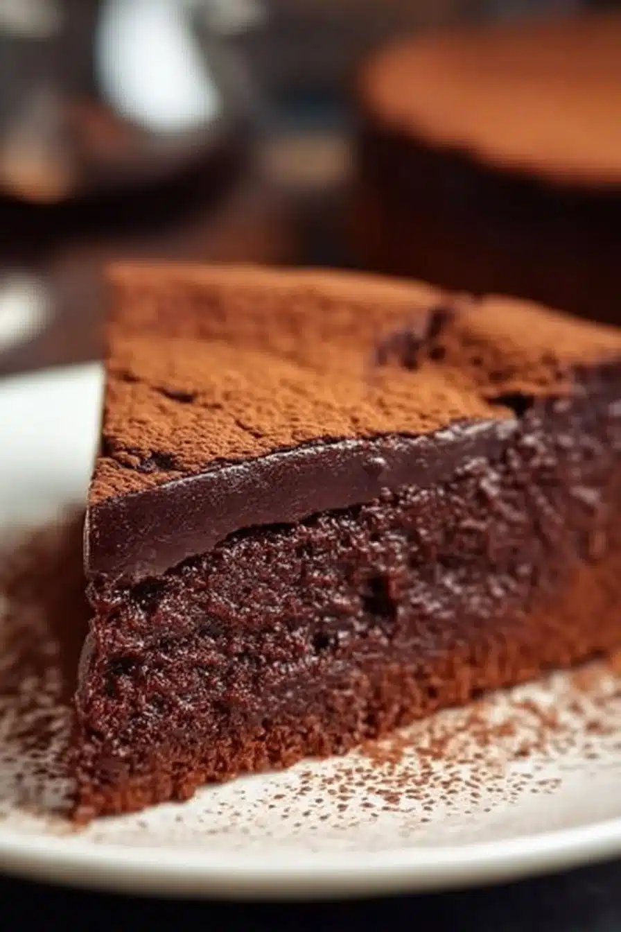 Gâteau au chocolat fondant garni de chocolat noir et décoré de fruits