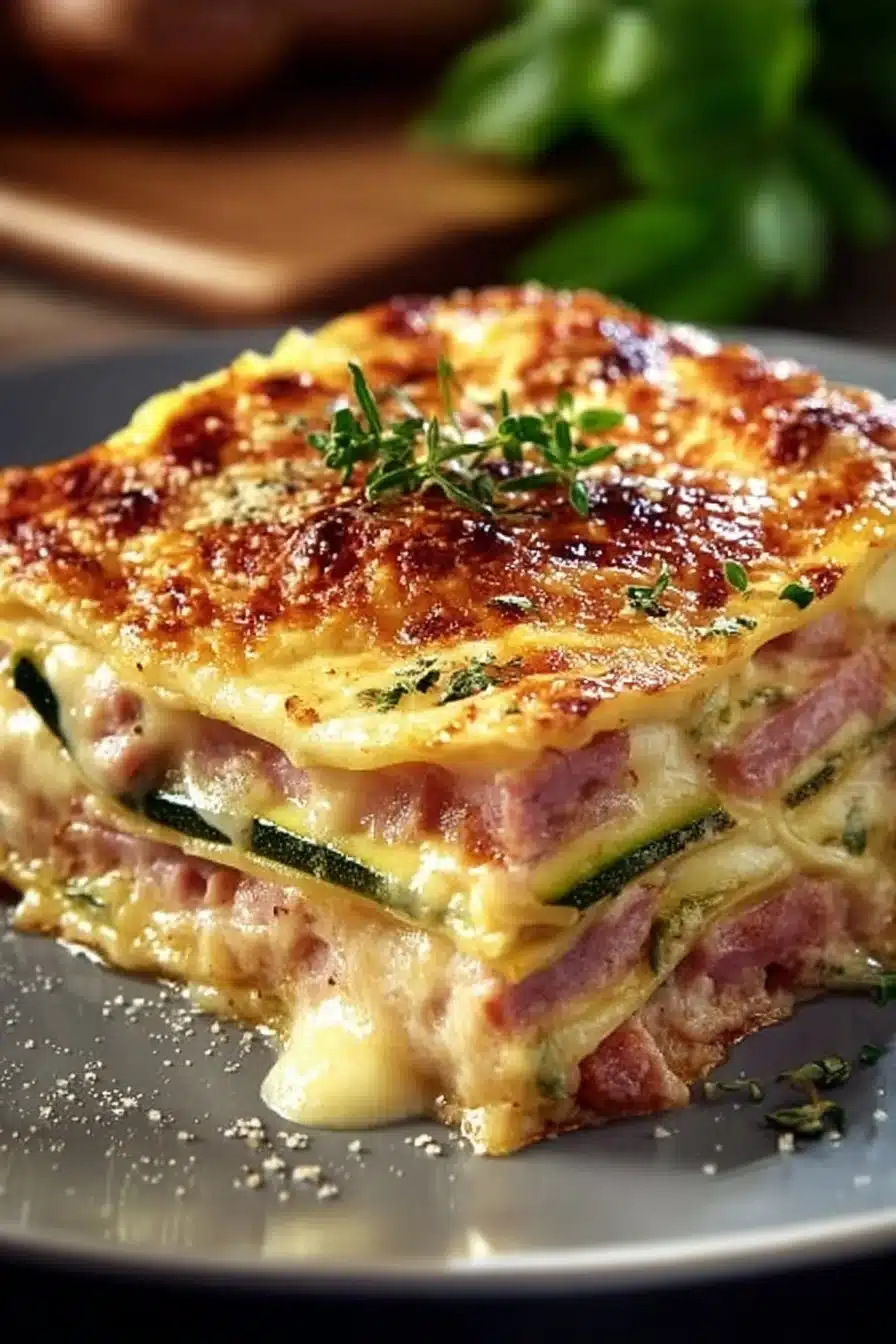 Lasagnes de courgettes au poulet fumé prêtes à déguster.