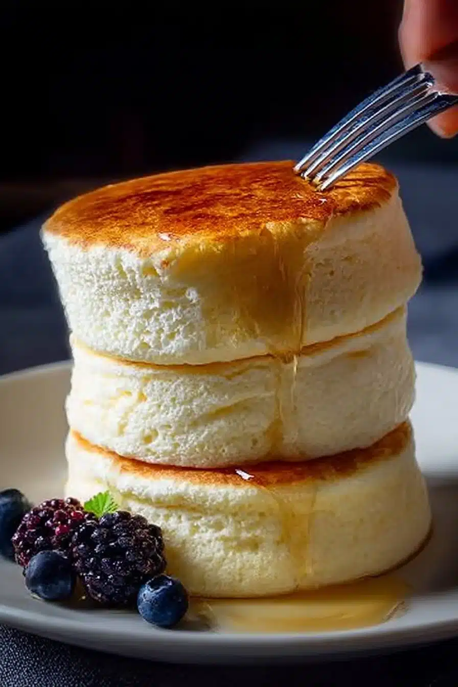 Pancakes soufflés japonais moelleux sur une assiette garnie de fruits