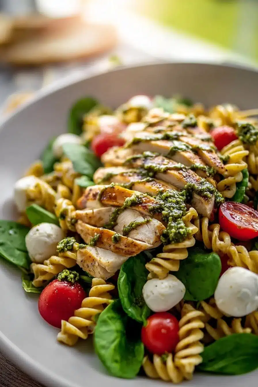 Salade de Pâtes au Pesto et Poulet prête à être servie