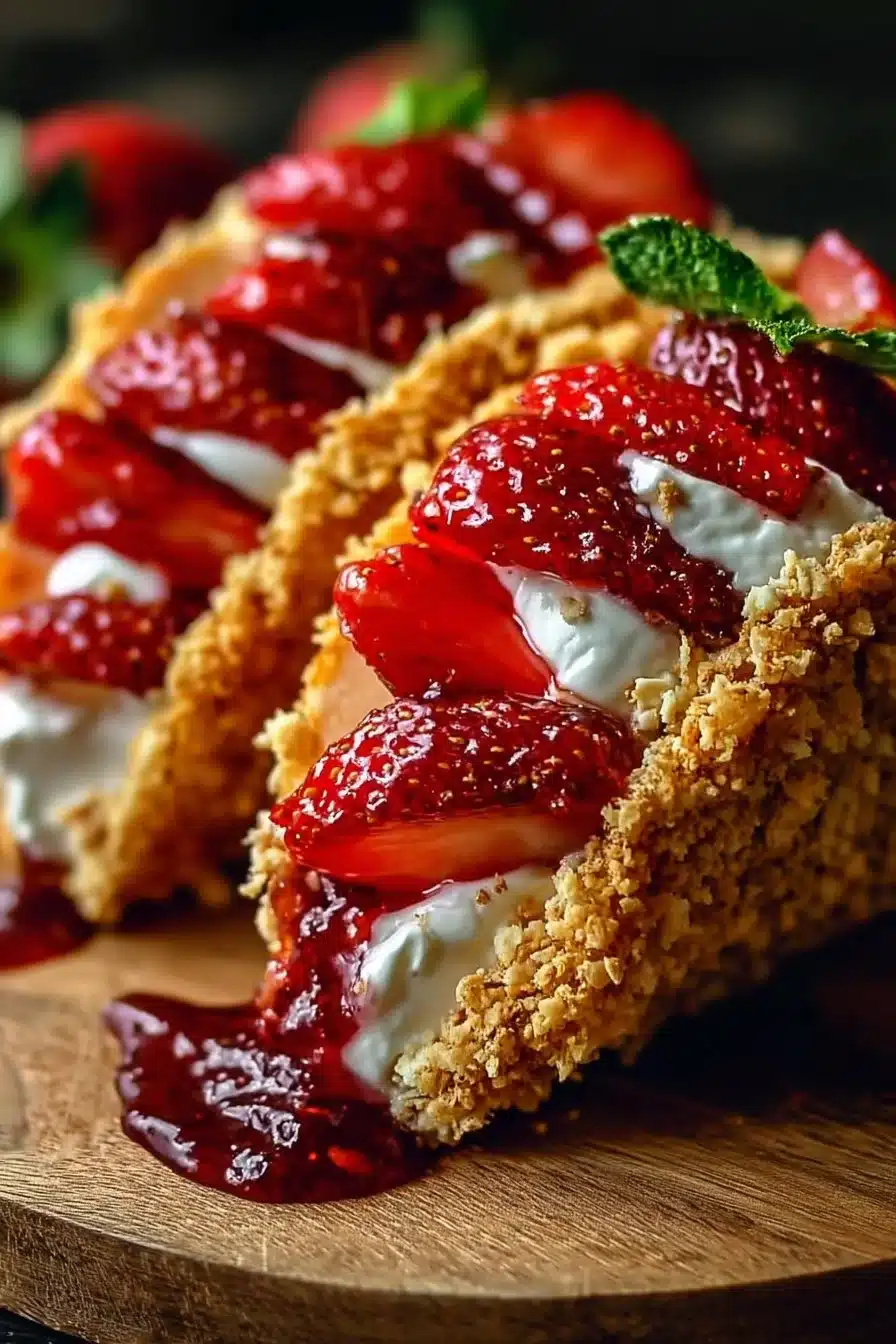 Tacos de cheesecake aux fraises croquantes sur une assiette