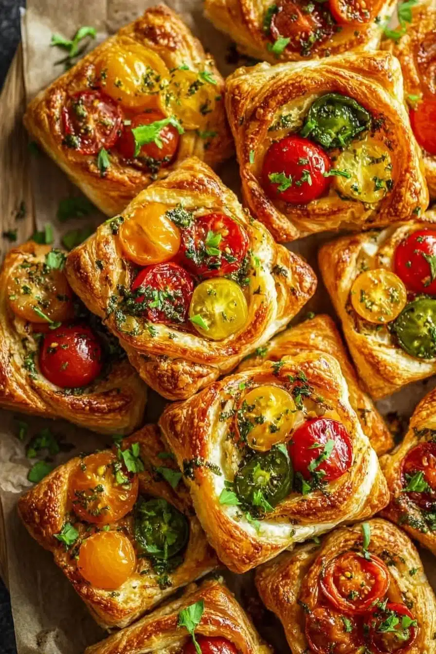 Tartelettes de tomates sur pâte feuilletée, garnies d'herbes fraîches et de fromage.