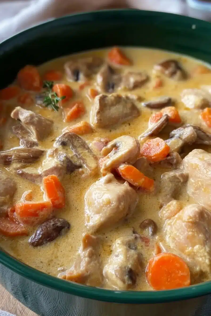 Blanquette de Poulet servie avec des légumes et sauce crémeuse