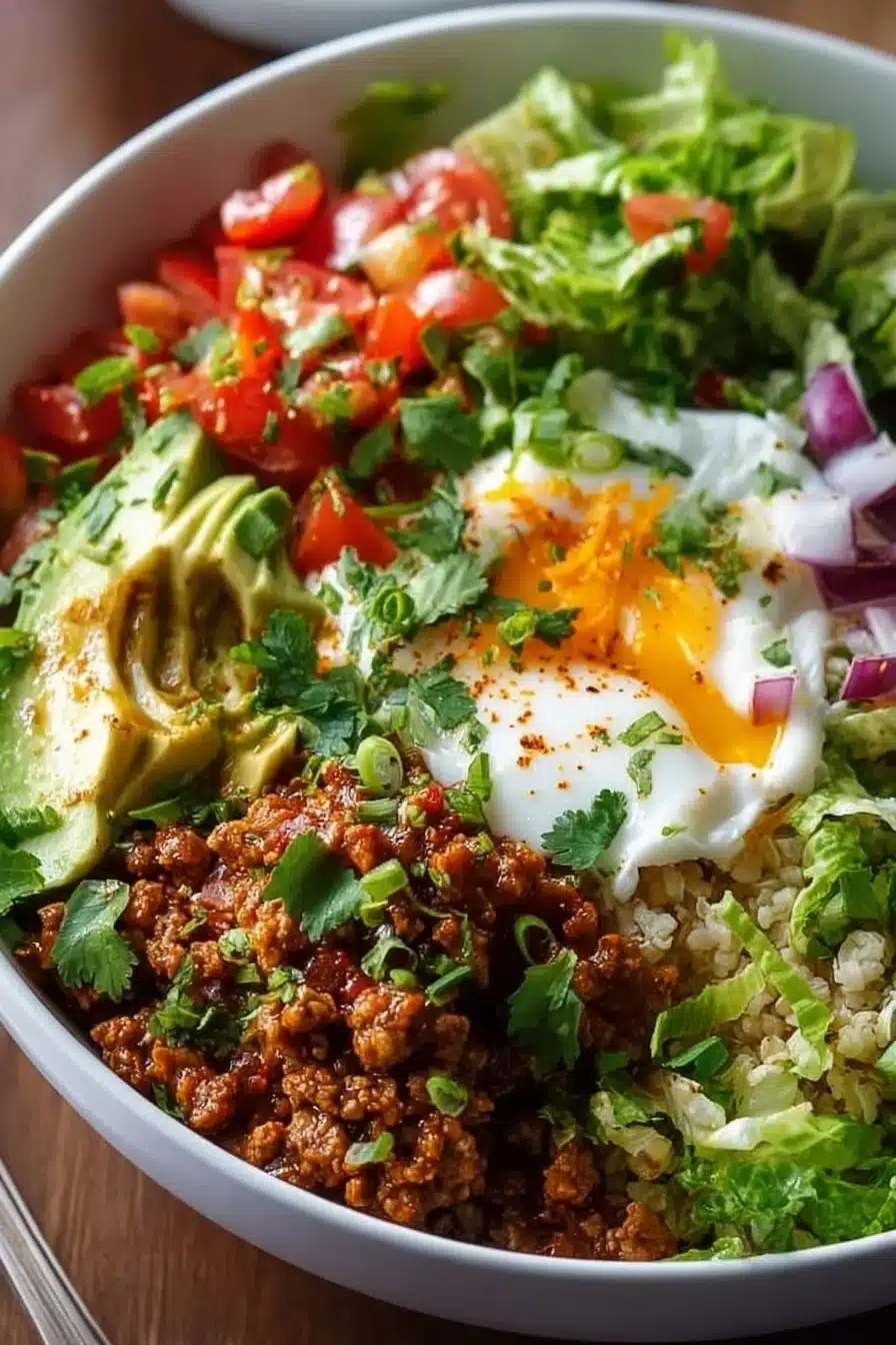 Bol de burrito low carb protéiné avec légumes frais et viande savoureuse