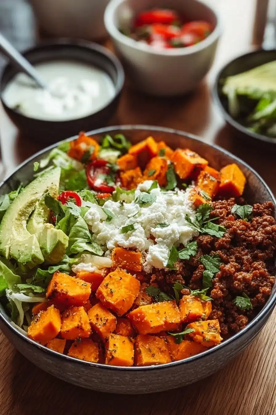 Bol de tacos de patate douce garnis de légumes frais et sauces savoureuses.