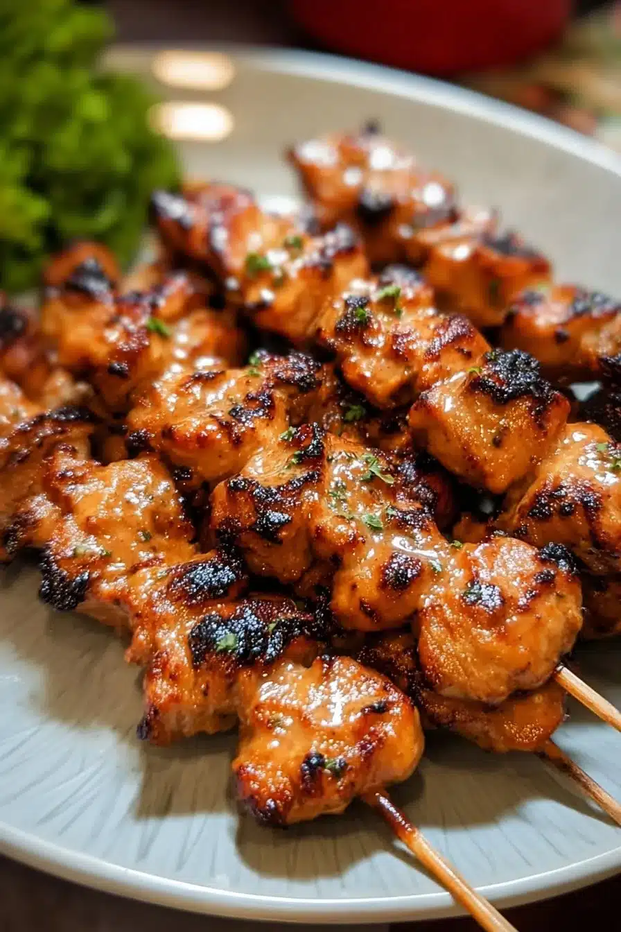 Brochettes de poulet Bang Bang épicées sur une assiette.