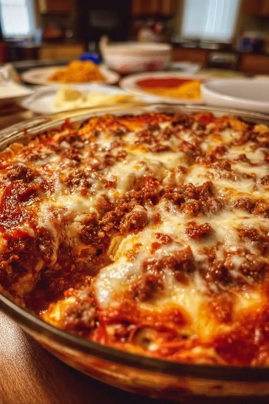 Casserole pizza spéciale viande avec viande hachée, légumes et fromage gratiné