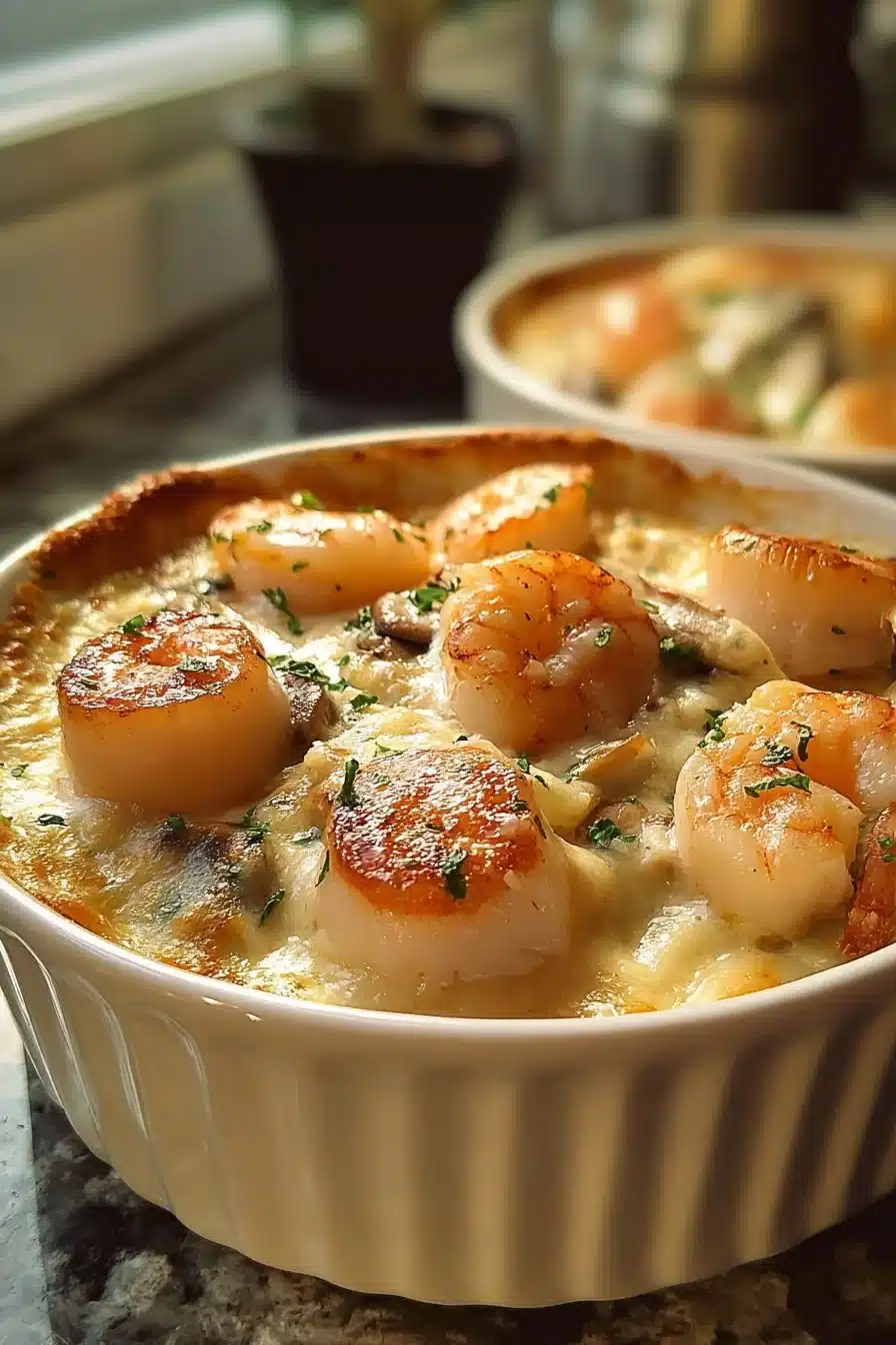 Cassolette Saint-Jacques avec noix de Saint-Jacques et crevettes, un plat gourmet.