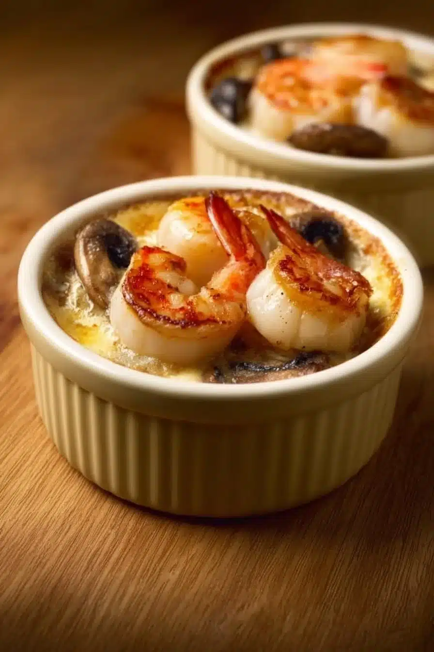 Cassolette de Saint-Jacques, crevettes et champignons, plat savoureux en cuisine
