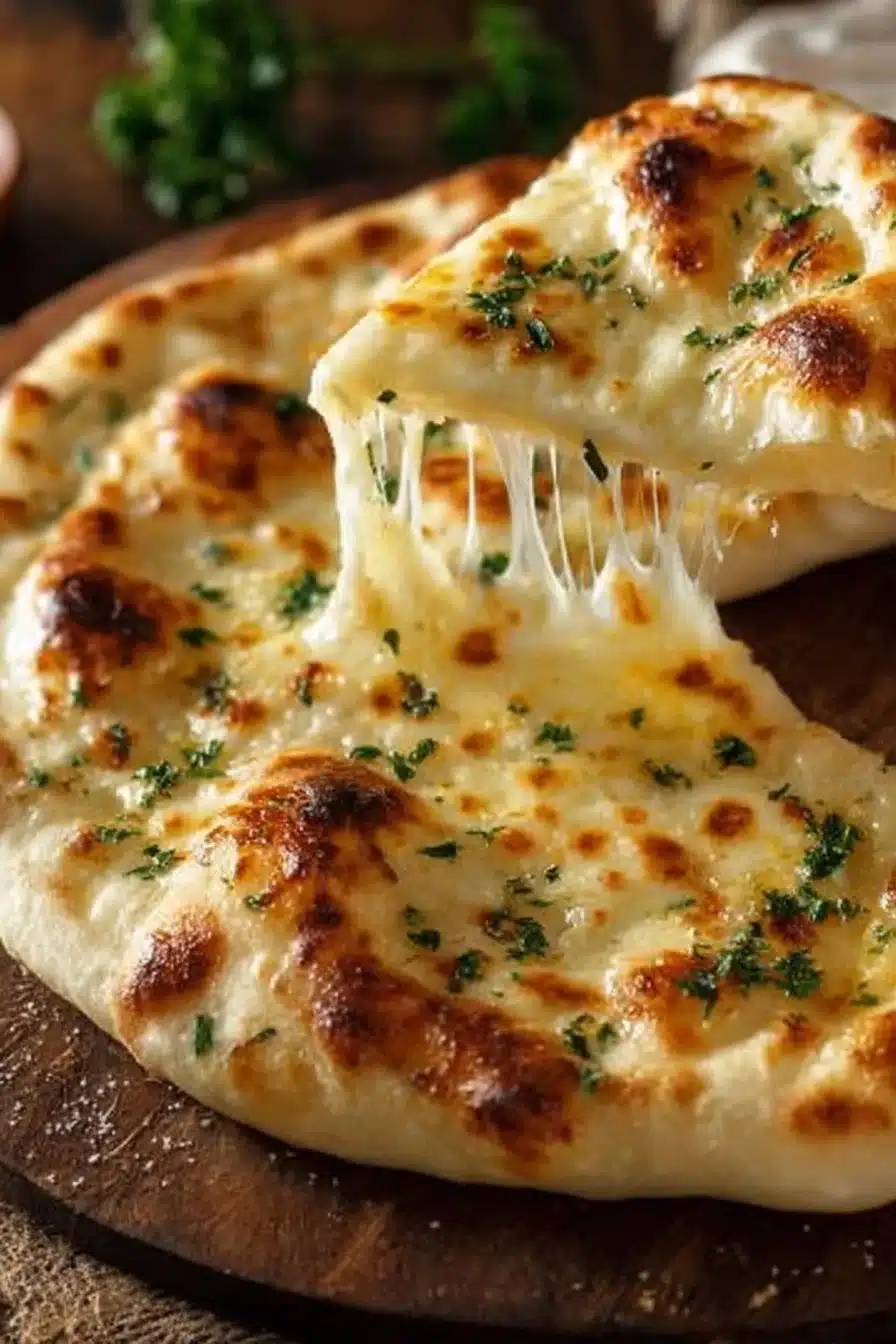 Cheese Naan préparé avec de la Vache qui Rit, savoureux et moelleux.