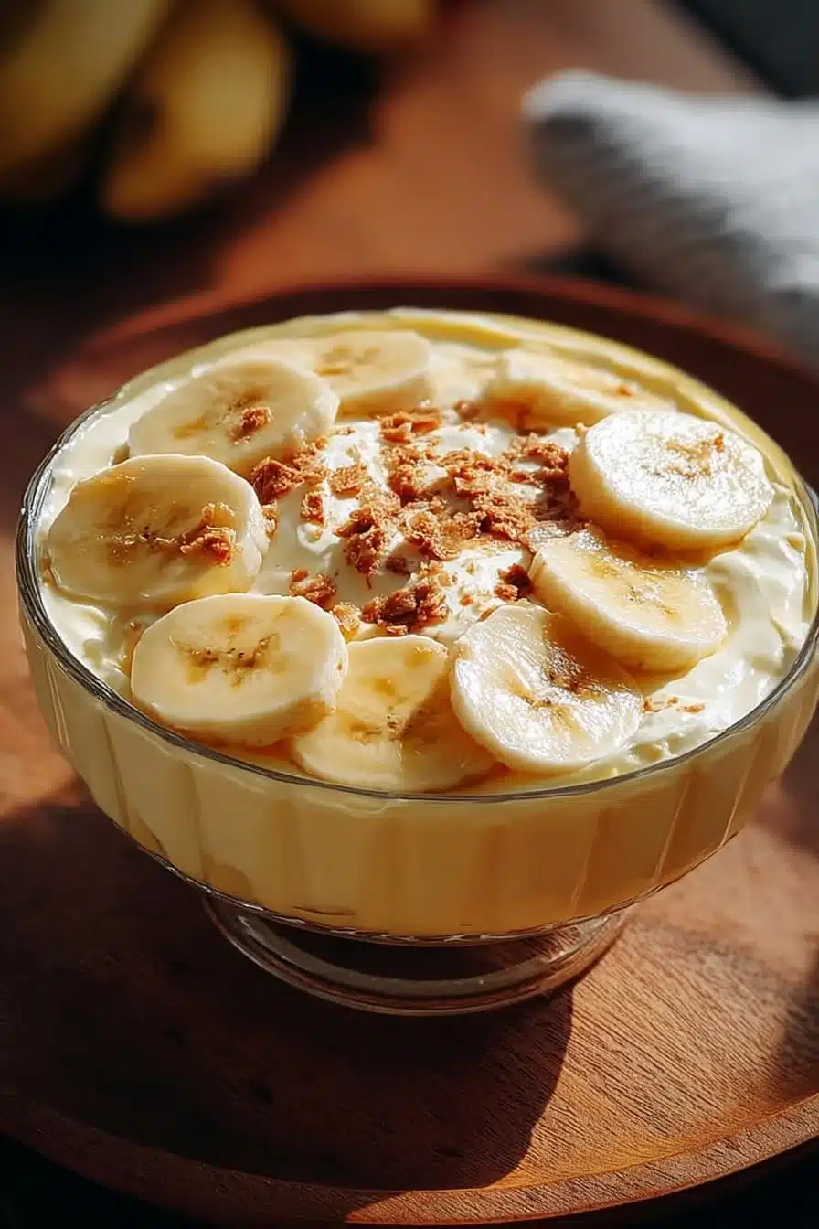 Recette de Crème Banane Maison servie dans un bol avec des tranches de banane.