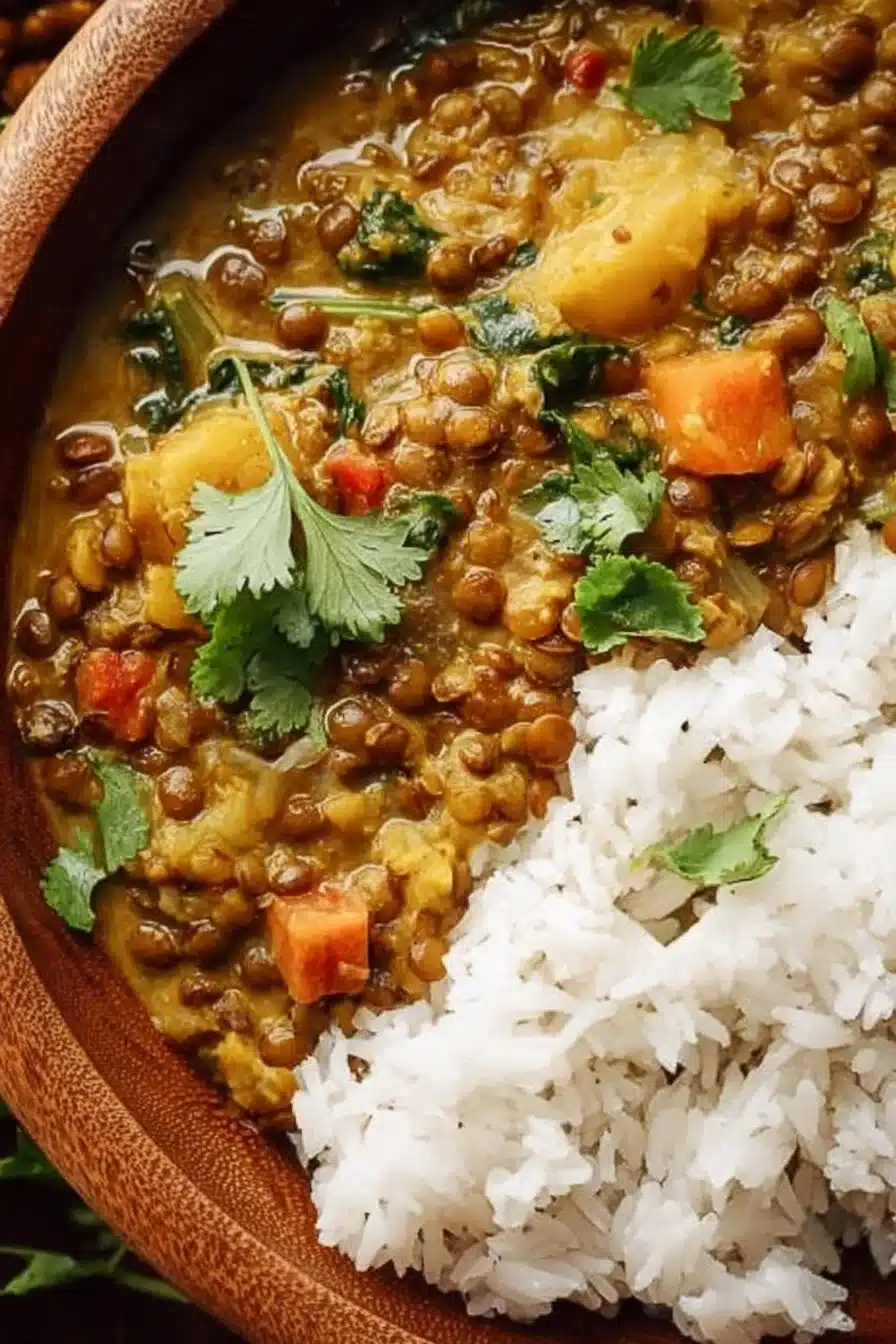Curry de lentilles vertes et légumes préparé dans une casserole
