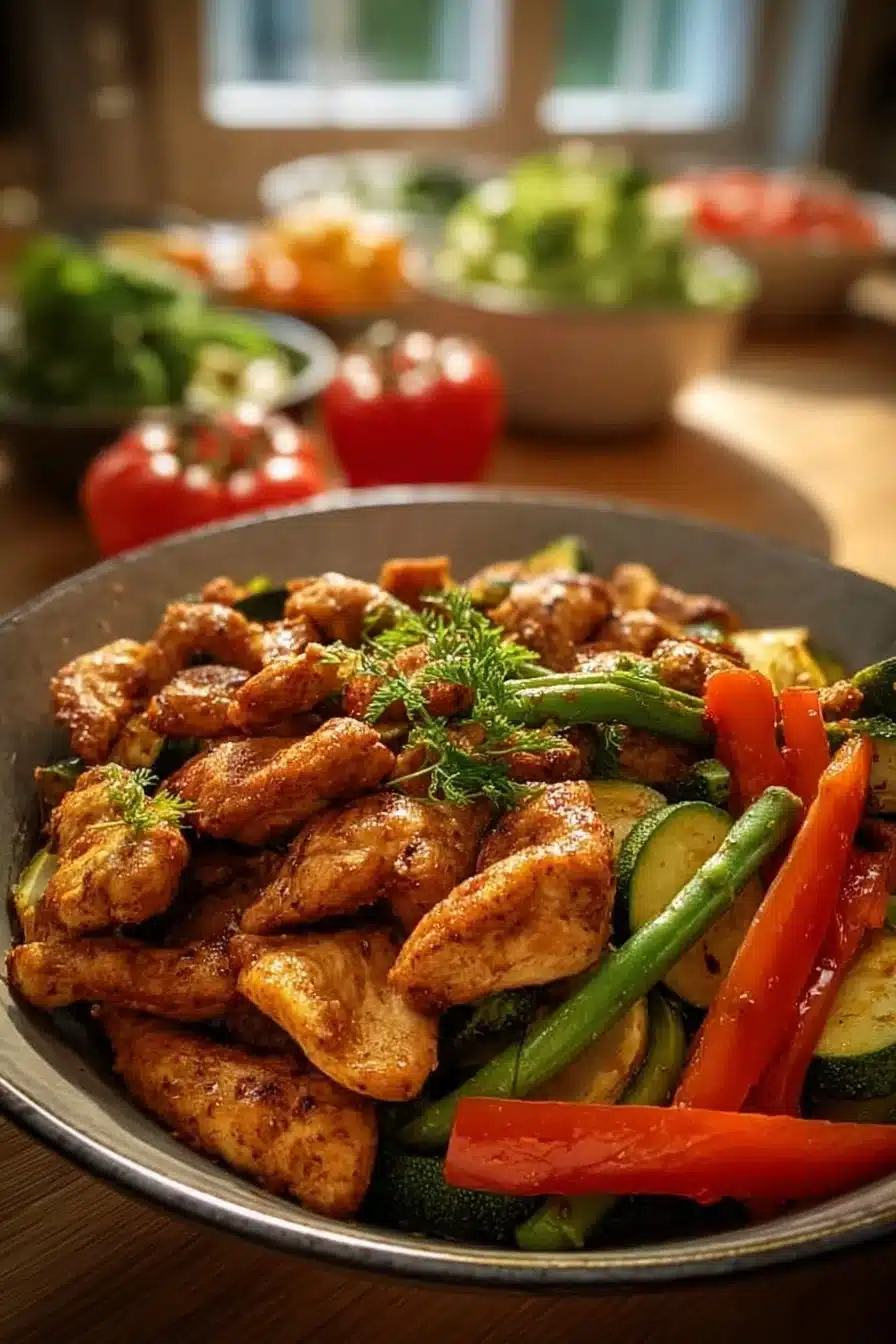 Émincé de Poulet léger avec légumes frais sur une assiette colorée
