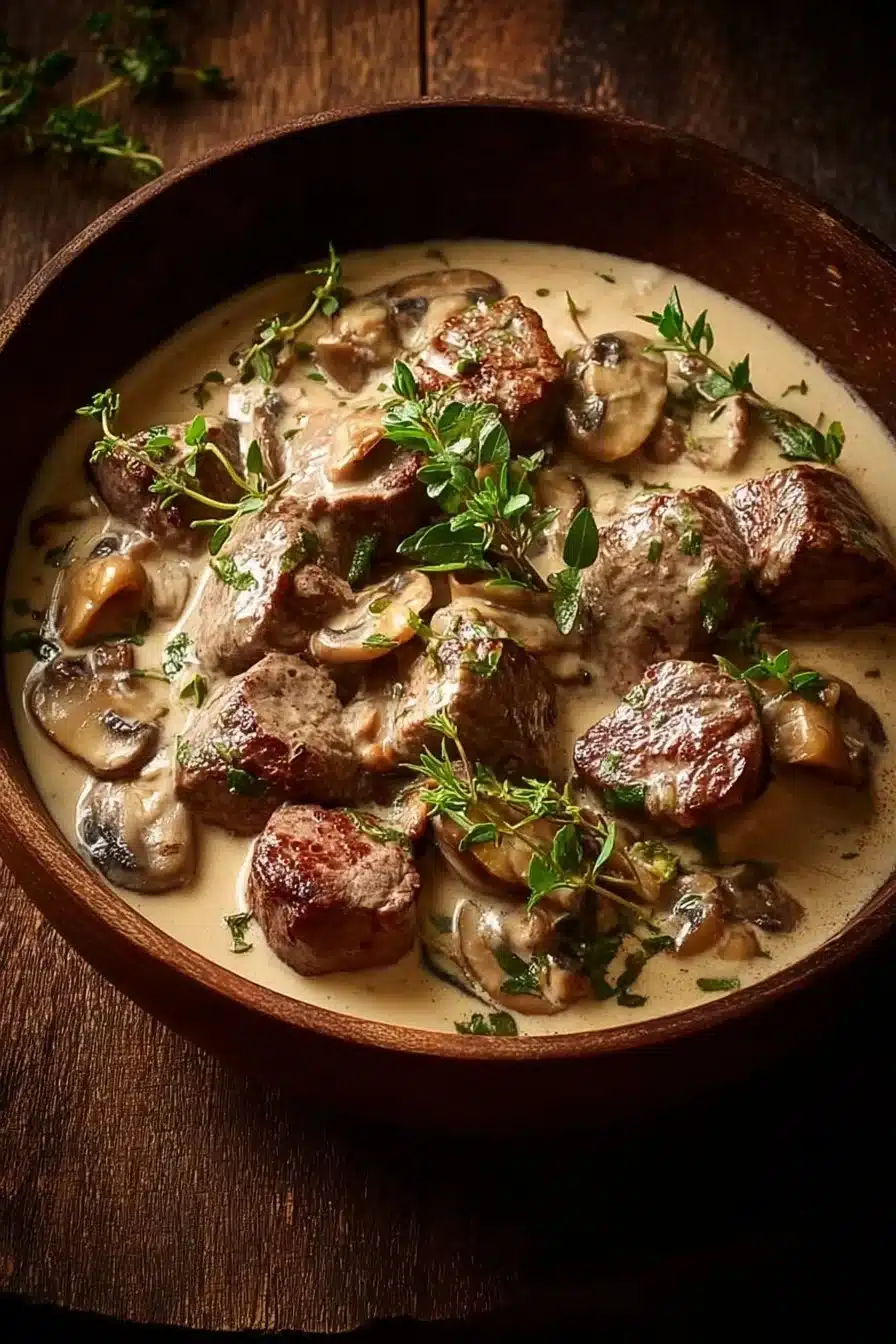 Filet Mignon Crémeux aux Champignons servi dans une assiette raffinée.