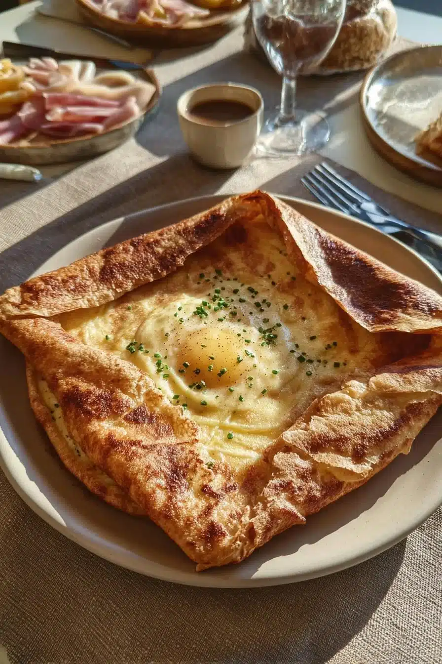 Galette bretonne complète garnie de jambon, œuf et fromage sur une assiette