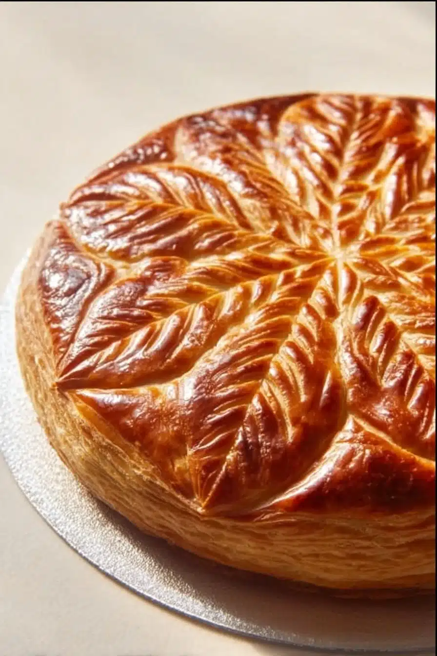 Galette des rois à la frangipane avec une belle dorure et des amandes sur le dessus.