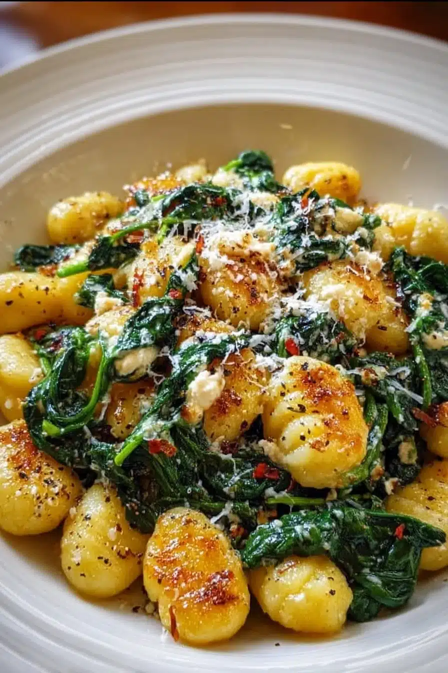 Gnocchi crémeux aux épinards et feta, plat savoureux et réconfortant.