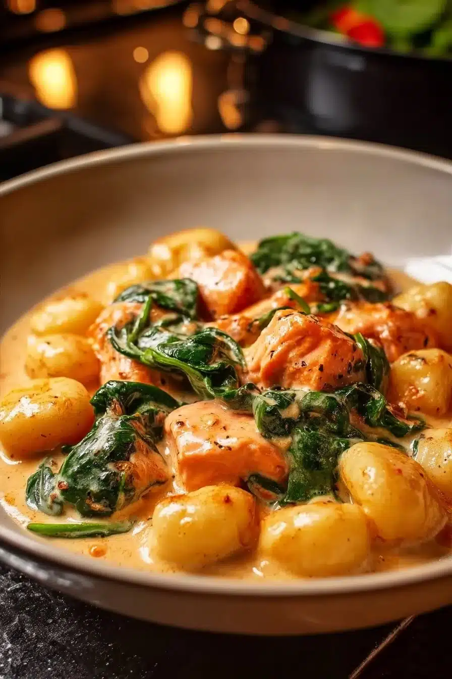 Gnocchis au saumon garnis de sauce crémeuse et d'herbes fraîches