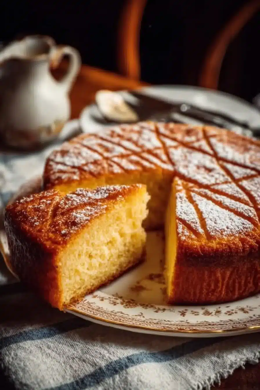 Gâteau breton moelleux et traditionnel de Bretagne sur une nappe en lin