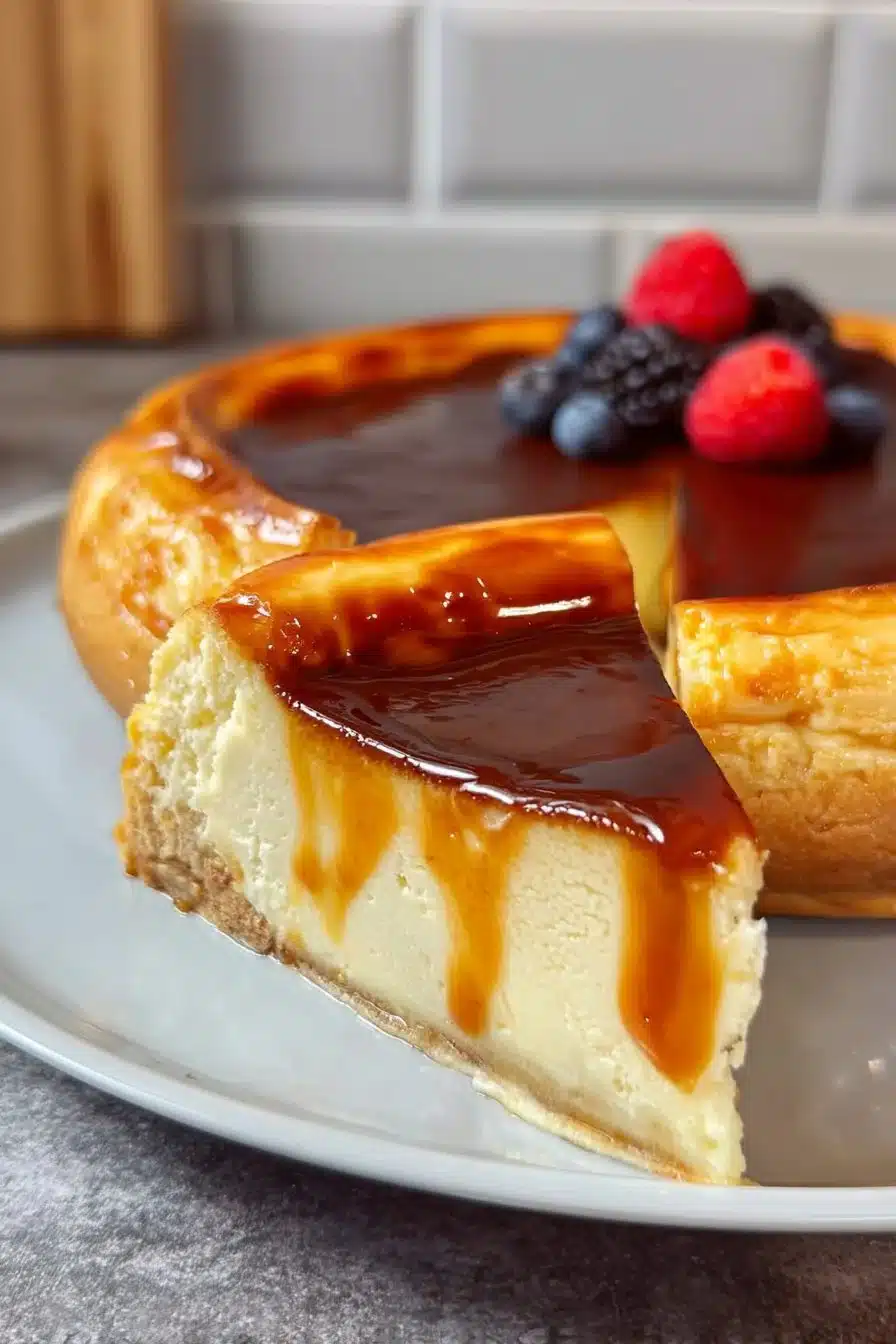 Flan Pâtissier crémeux servit sur une assiette avec des fruits frais