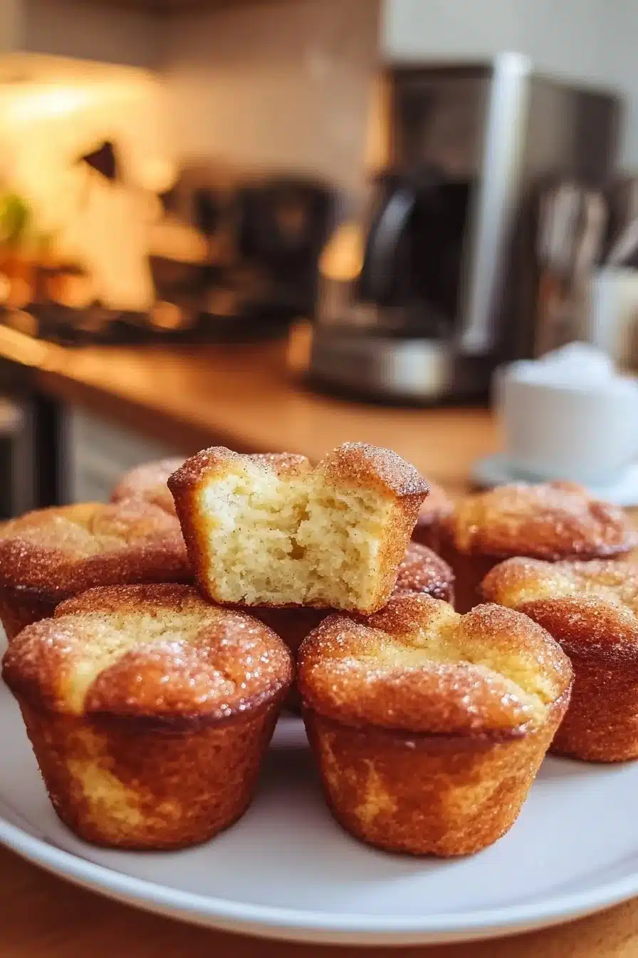 Muffins à la cannelle et au sucre présentés dans un plat coloré.