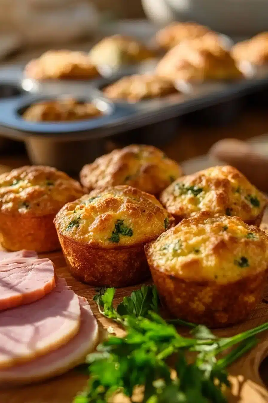 Muffins salés au jambon et fromage sortant du four, dorés et appétissants