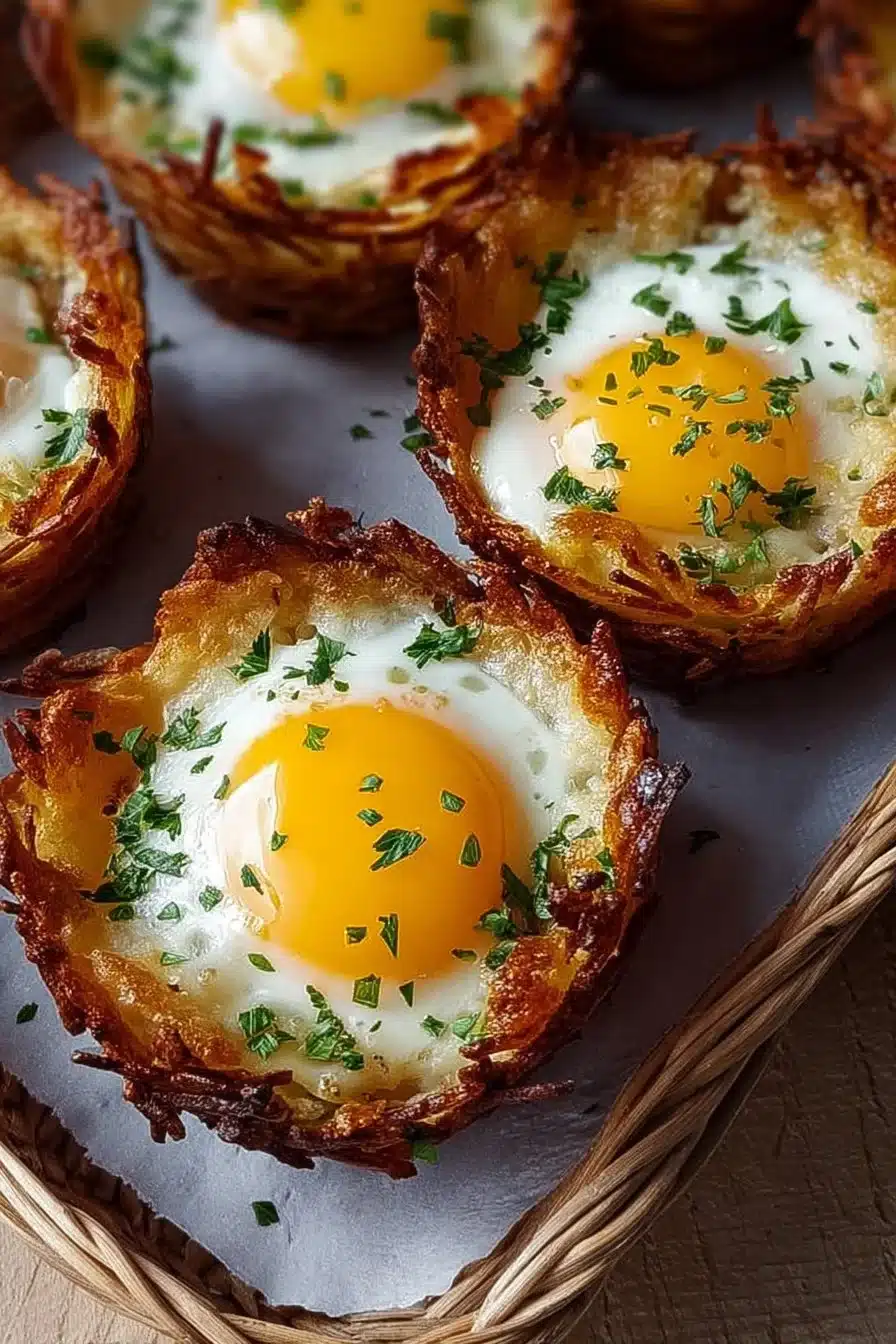 Plat d'œufs en nids de pommes de terre dorées et savoureuses