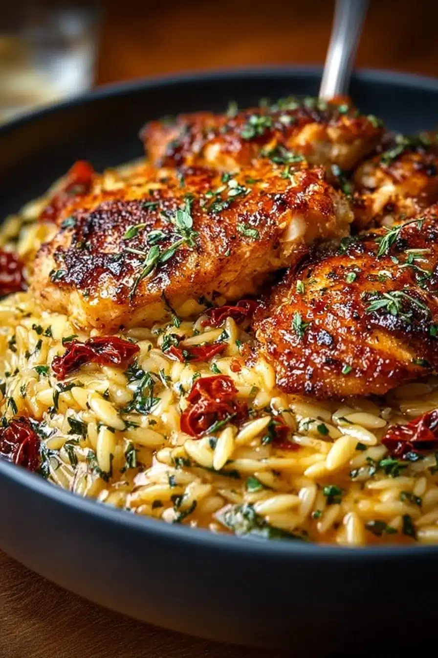 Orzo crémeux au poulet à la toscane, plat savoureux et réconfortant.