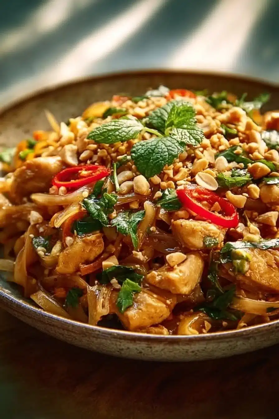Plat de Pad Thaï au Poulet facile et rapide, servi avec des herbes fraîches