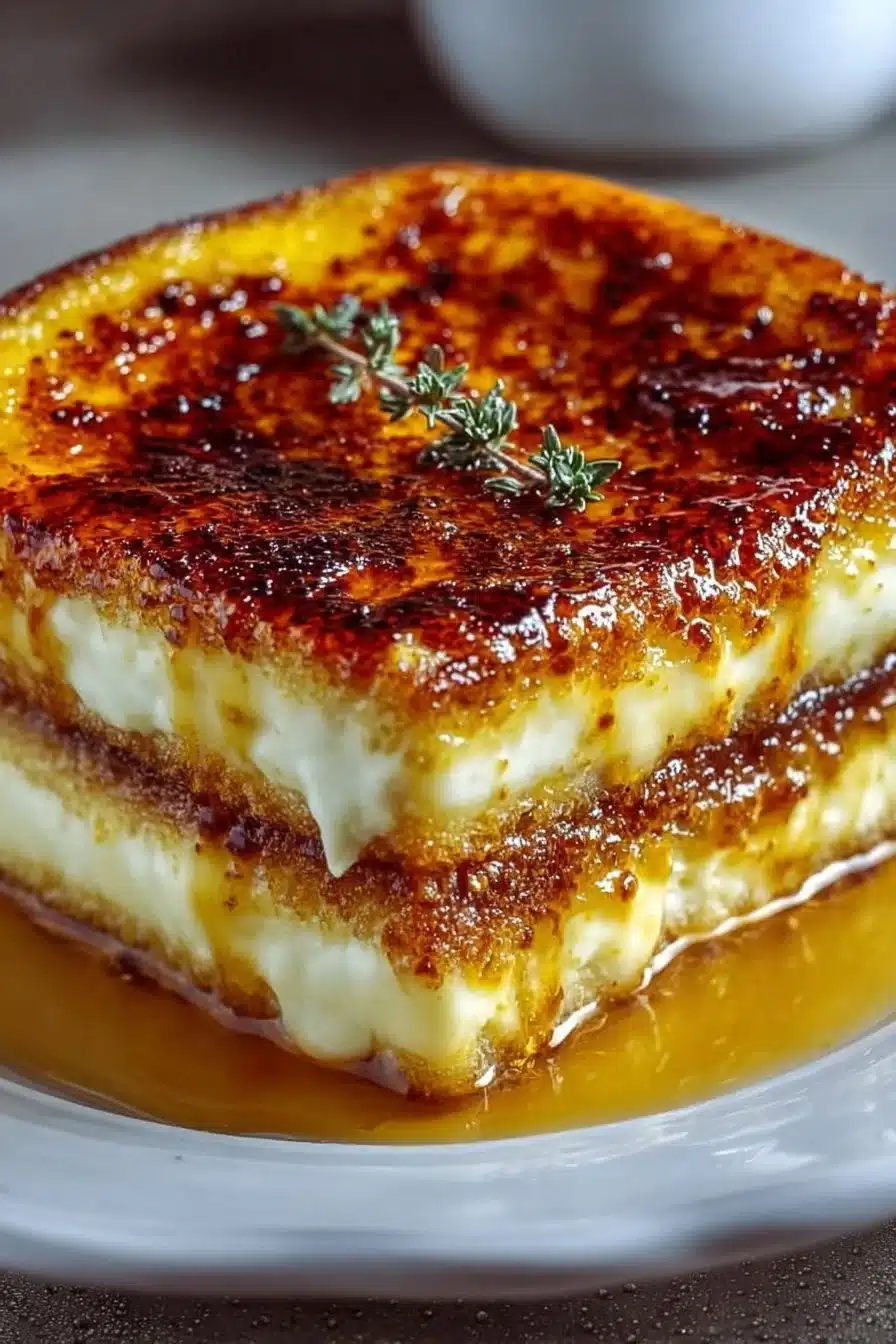 Pain perdu façon crème brûlée garni de sucre caramélisé et fruits frais.
