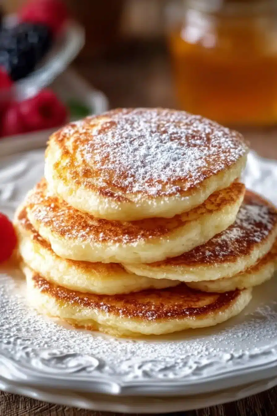 Pancakes au yaourt moelleux et dorés sur une assiette